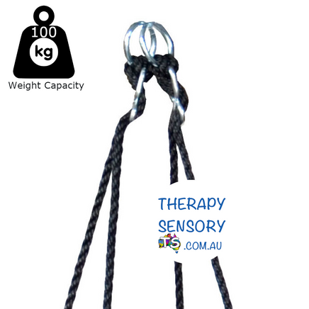 Round mat nest swing from TherapySensory.com.au shows a round padded circle with a material mat as the base attached with multiple ties to the edge, 4 ropes lead up to two metal circles that you can hang together to make the swing swivel or separate them 