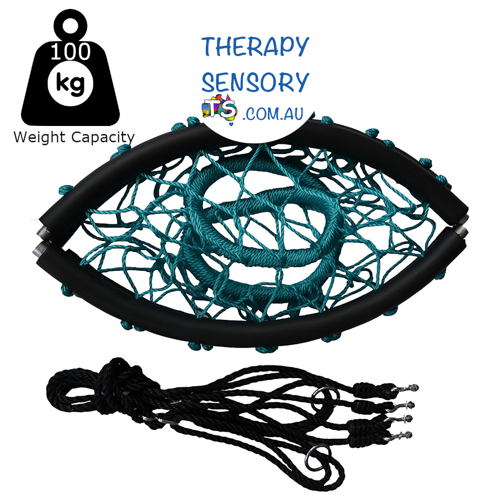 Web nest tire swing from TherapySensory.com.au shows a round padded circle with rope in a cobweb design that leaves a hole in the circle so you can drop your legs through. 4 ropes lead up to two metal circles that you can hang together to make the swing s