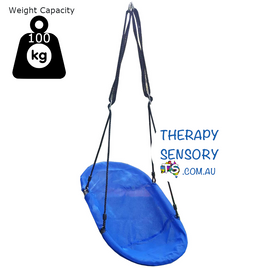 Oval seat swing from TherapySensory.com.au displays an oval mesh swing that is lower in the front to aid laying back in the swing. Large enough for most adults and children 100kg weight limit.