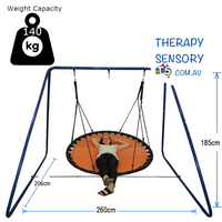 150cm Mat Nest Swing with stand from TherapySensory.com.au. Weight limit is 140kg.