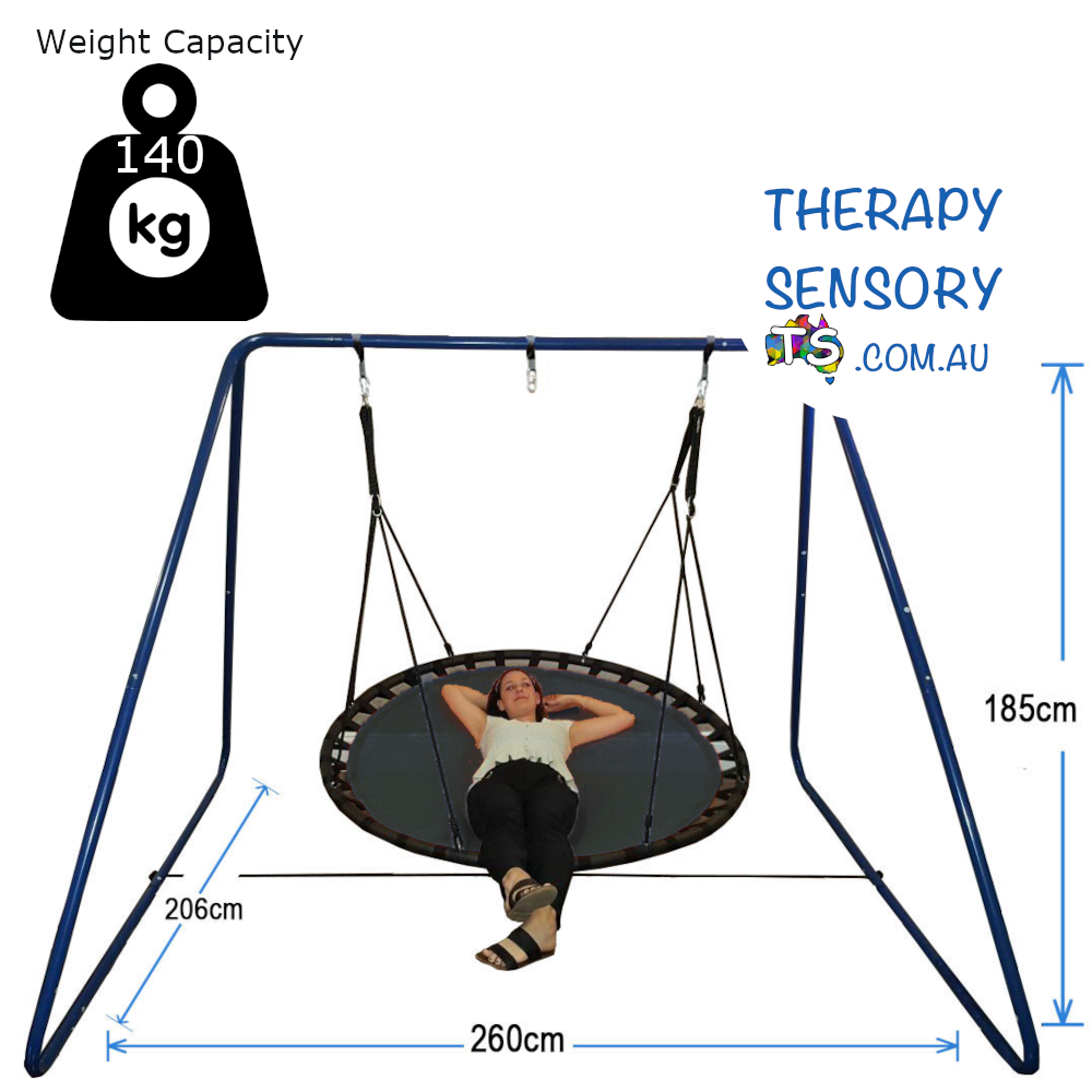 150cm Mat Nest Swing with stand from TherapySensory.com.au. Weight limit is 140kg.