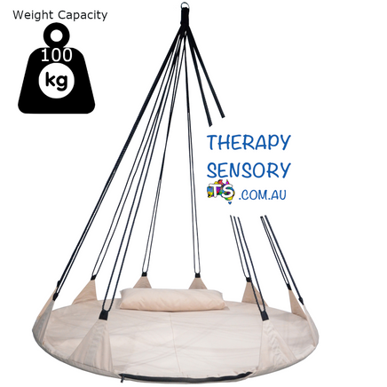 Open Hangout Nest from TherapySensory.com.au displays a beige 150cm wide nest swing with multiple straps to hang from. Can support 100kg.