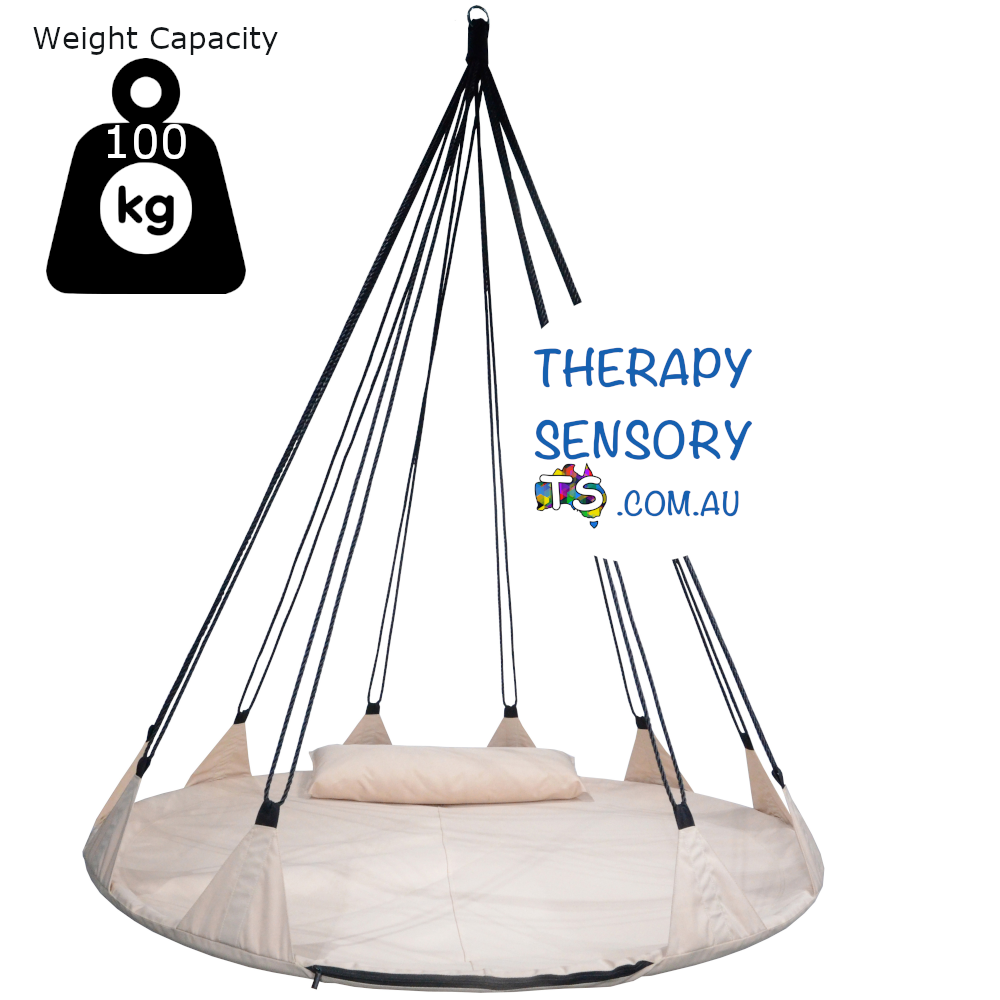 Open Hangout Nest from TherapySensory.com.au displays a beige 150cm wide nest swing with multiple straps to hang from. Can support 100kg.