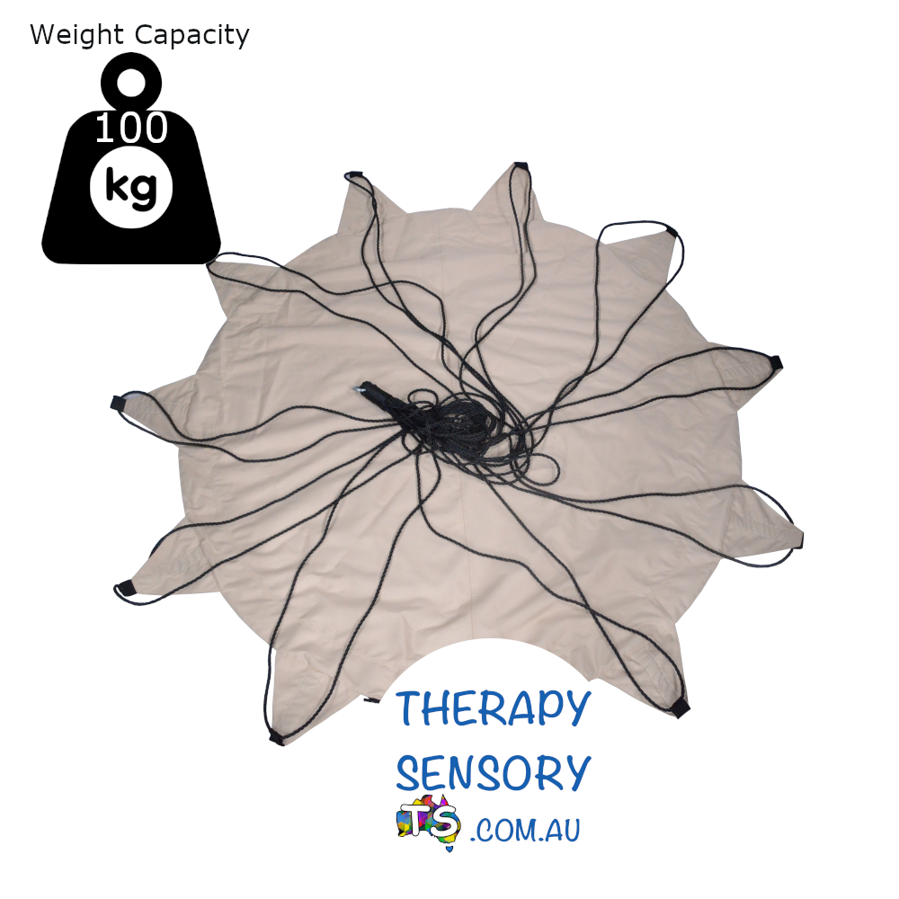 Open Hangout Nest from TherapySensory.com.au displays a beige 150cm wide nest swing with multiple straps to hang from. Can support 100kg.