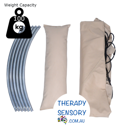 Open Hangout Nest from TherapySensory.com.au displays a beige 150cm wide nest swing with multiple straps to hang from. Can support 100kg.