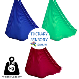 Nylon wrap therapy swing from TherapySensory.com.au displays a red, blue and green large swing wrap.