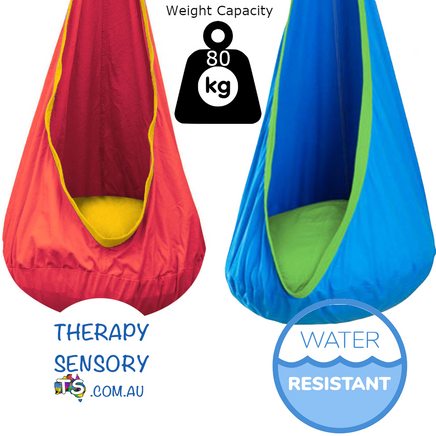Waterproof Outdoor Sensory Swing Pod from TherapySensory.com.au displays a red and a green waterproof swing pod.