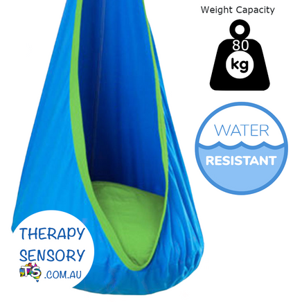 Waterproof Outdoor Sensory Swing Pod from TherapySensory.com.au displays a blue swing.