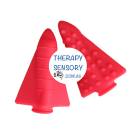 Space ship pencil topper set of 2 from TherapySensory.com.au displays two red space ship shaped pencil toppers with one side with bumps and the other side ridges.
