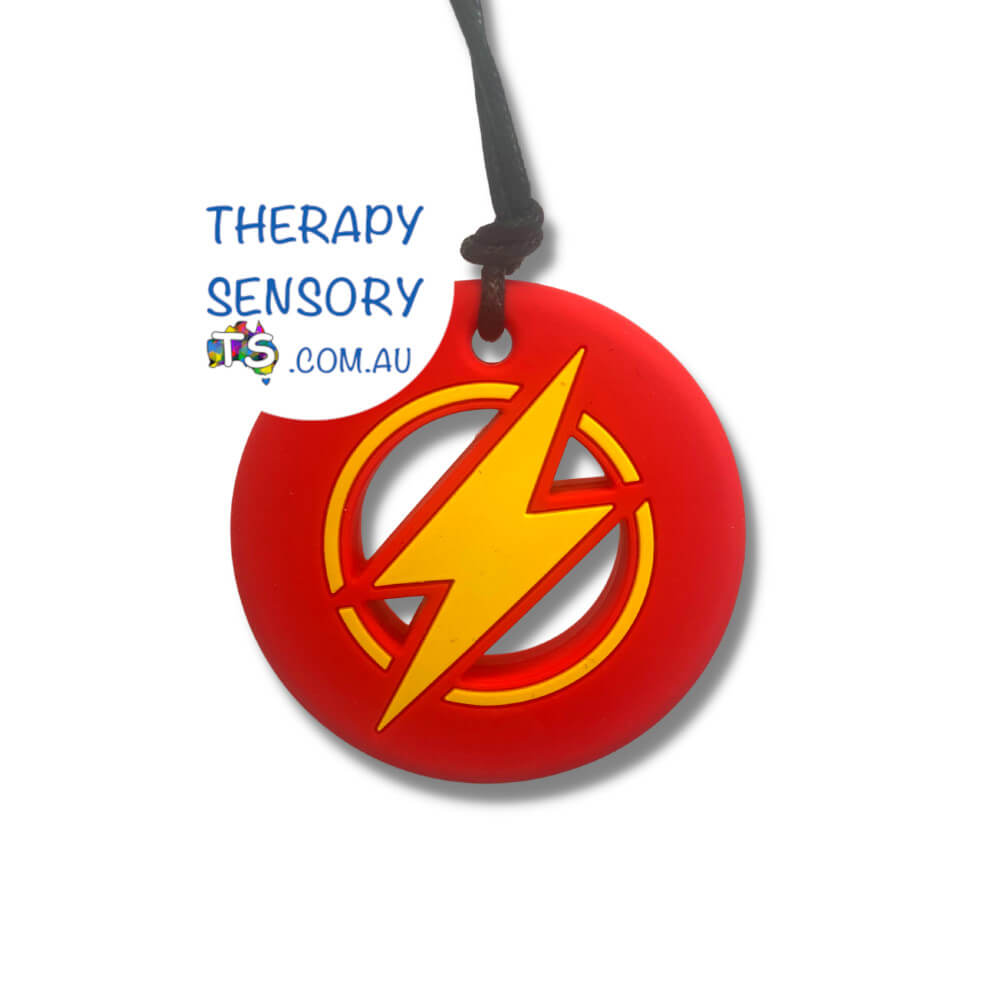 Energy Strike Pendant from TherapySensory.com.au displays a red circle pendant with a yellow lightning bolt in the middle