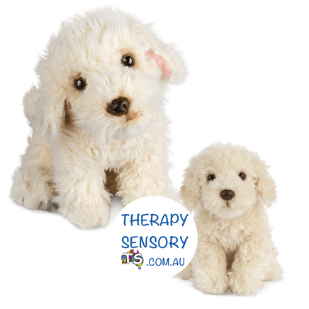 Labradoodle plush toy from TherapySensory.com.au displays two white labradoodle plush toys with different looks on their faces.