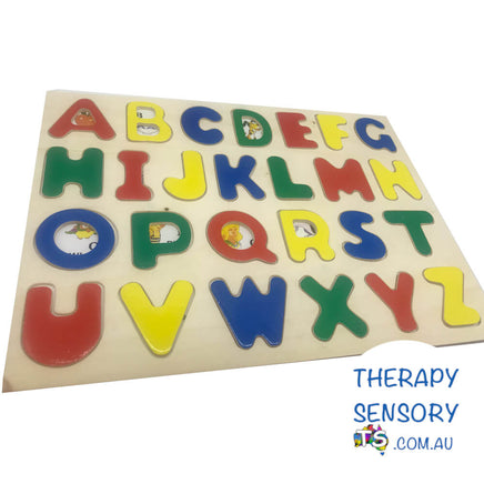 Alphabet puzzle from TherapySensory.com.au displays alphabet pieces that y0ou match to the picture below.