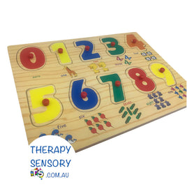 Number puzzle from TherapySensory.com.au displays numbers 0 to 9 puzzle pieces that slot into their corresponding number holes. Each number has the same amount of items underneath so children can count the items.