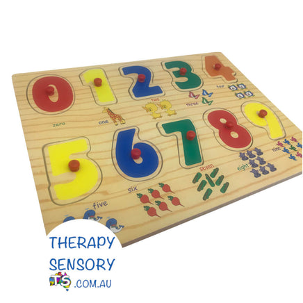 Number puzzle from TherapySensory.com.au displays numbers 0 to 9 puzzle pieces that slot into their corresponding number holes. Each number has the same amount of items underneath so children can count the items.