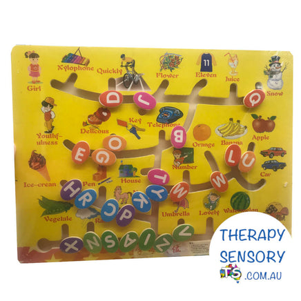 Alphabet slide puzzle from TherapySensory.com.au displays alphabet sliding pieces that you move to the correct matching picture.