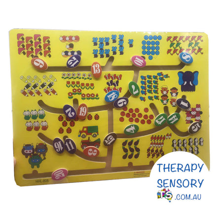 Number slide puzzle from TherapySensory.com.au displays a wooden puzzle with number pieces that slide around to fit under the correct picture of number items.
