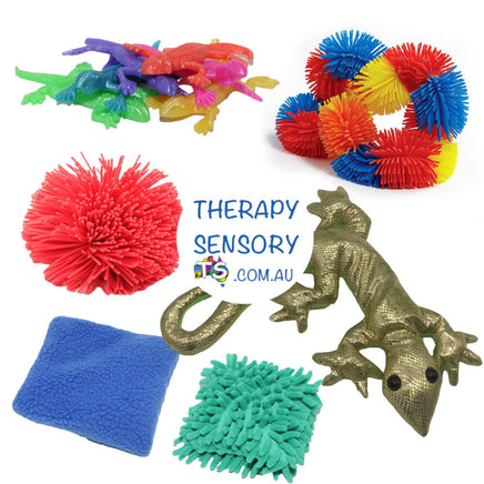Sensory Delight Kit from TherapySensory.com.au displays 1 pack of stretchy fun toys, 1 x pom pom ball, 1 x wooly bean bag, 1 x shaggy bean bag, 1 x weighted lizard, 1 x shaggy tangle.