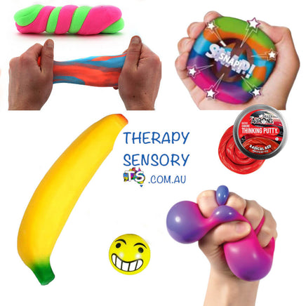 Hand Strengthening Kit from TherapySensory.com.au displays 1 x Squeeze banana 1 x Crazy Aarons 2" putty 1 x Emoticon stress ball 1 x Smooshos Jumbo Morphing Ball 1 x Hand Snapper 1 x Bouncing Putty.