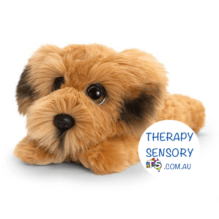 Wheaton terrier plush from TherapySensory.com.au laying down.