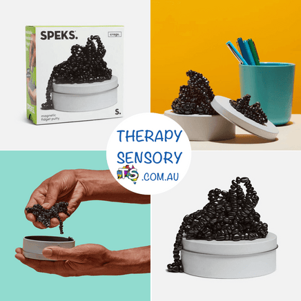 SPEKs Craggs from TherapySensory.com.au shows the packaging, sculptured on a desk, craggy on the tin and being manipulated.