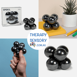 Speks super 6 balls from TherapySensory.com.au shows the packaging, on a desk, super 6 balls in a cluster and handheld.