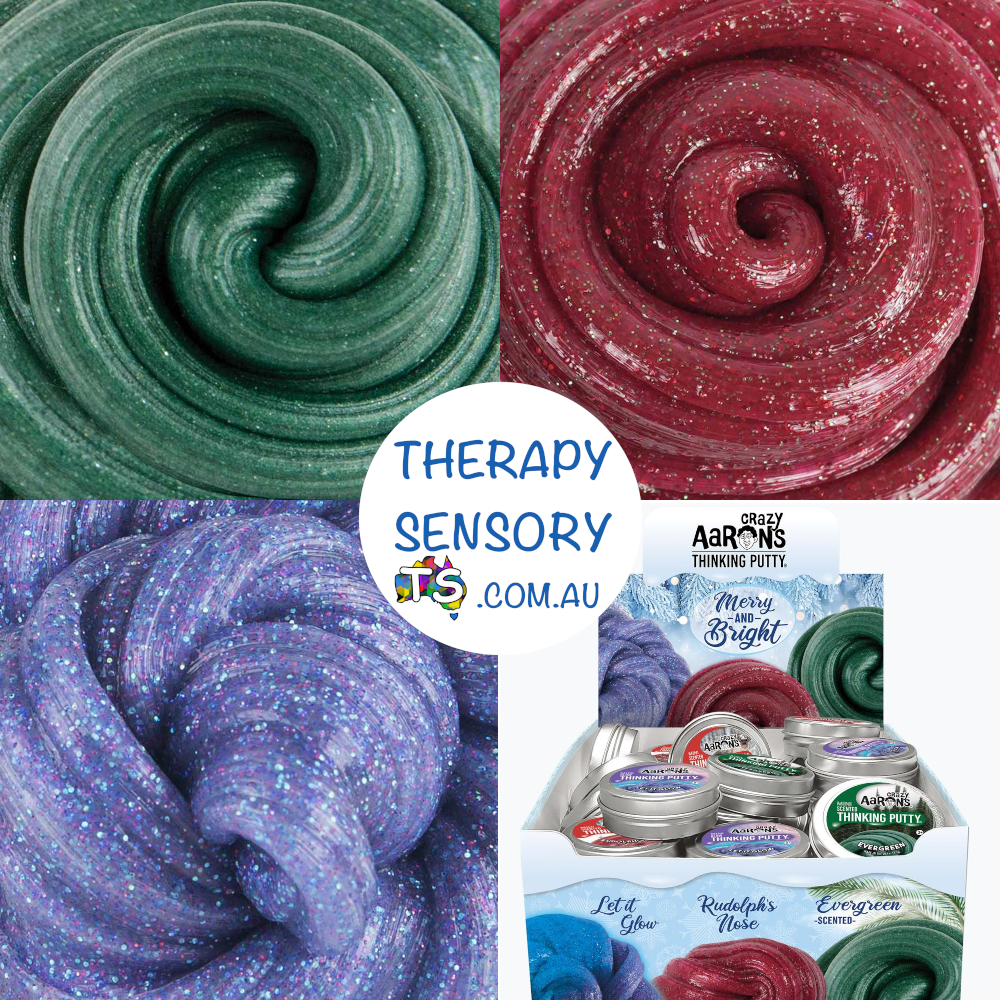 Crazy Aaron Christmas putty from TherapySensory.com.au showing three different coloured putty red, green, purple