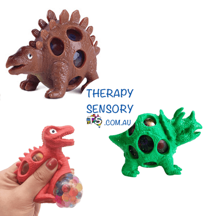 Squishy dinosaur from TherapySensory.com.au displays a brown, red and green dinosaur.