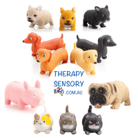 Stretchy Animals from TherapySensory.com.au. Featuring pigs, cats, pugs, French bulldogs, dashounds all can be squeezed and stretched into various shapes to sooth your worries away.