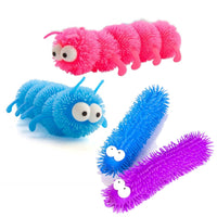 Two different fuzzy and stretchy caterpillars from TherapySensory.com.au. One is long and stretchy with fuzz, the other is bumpy with fuzz and stretchy.