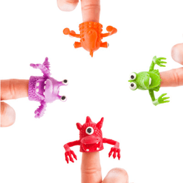 Finger monster set of 4 from therapysensory.com.au, shows a set of 4 finger monsters that are made of plastic so can stretch to fit on small and large finger tips.