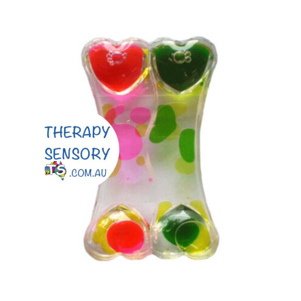 Heart timer from TherapySensory.com.au displays a liquid timer with two sections with different colours. Each end has two hearts.