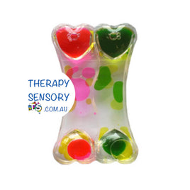 Heart timer from TherapySensory.com.au displays a liquid timer with two sections with different colours. Each end has two hearts.