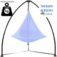 Tripod Hanging Chair Stand from TherapySensory.com.au displays a tripod stand that can support up to 200kg the legs are tied together via straps at ground height.