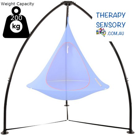 Tripod Hanging Chair Stand from TherapySensory.com.au displays a tripod stand that can support up to 200kg the legs are tied together via straps at ground height.