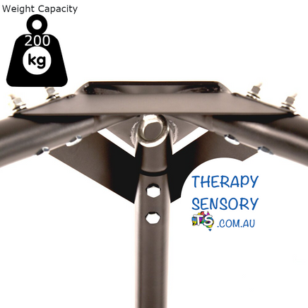 Tripod Hanging Chair Stand from TherapySensory.com.au displays a tripod stand that can support up to 200kg the legs are tied together via straps at ground height.