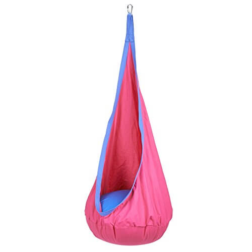 Kids Hanging Pod Hammock in a variety of colours, shaped like a tear drop with an inflatable cushion at the bottom.