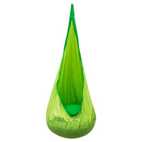 Kids Hanging Pod Hammock in a variety of colours, shaped like a tear drop with an inflatable cushion at the bottom.