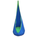 Kids Hanging Pod Hammock in a variety of colours, shaped like a tear drop with an inflatable cushion at the bottom.