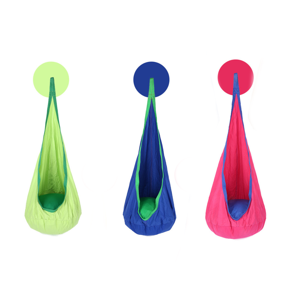 Kids Hanging Pod Hammock in a variety of colours, shaped like a tear drop with an inflatable cushion at the bottom.