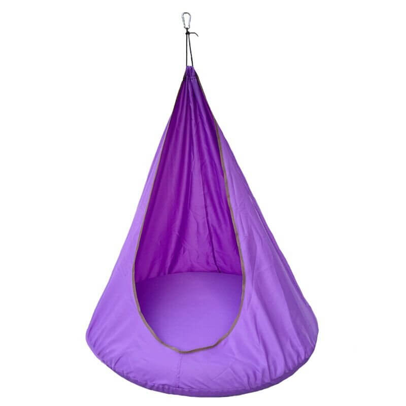 Kids Hanging Nest Hammock Pod - Sensory Swing shaped like a tear drop and fits two children with an inflatable cushion in the bottom.