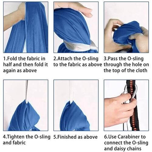 Kids Elastic Yoga Sensory Hammock Swing, includes 1x Hammock, 1 x Connecting Rope, 1 x Extension Band, 1 x Titanium Alloy Lock. Instructions on how to set up.