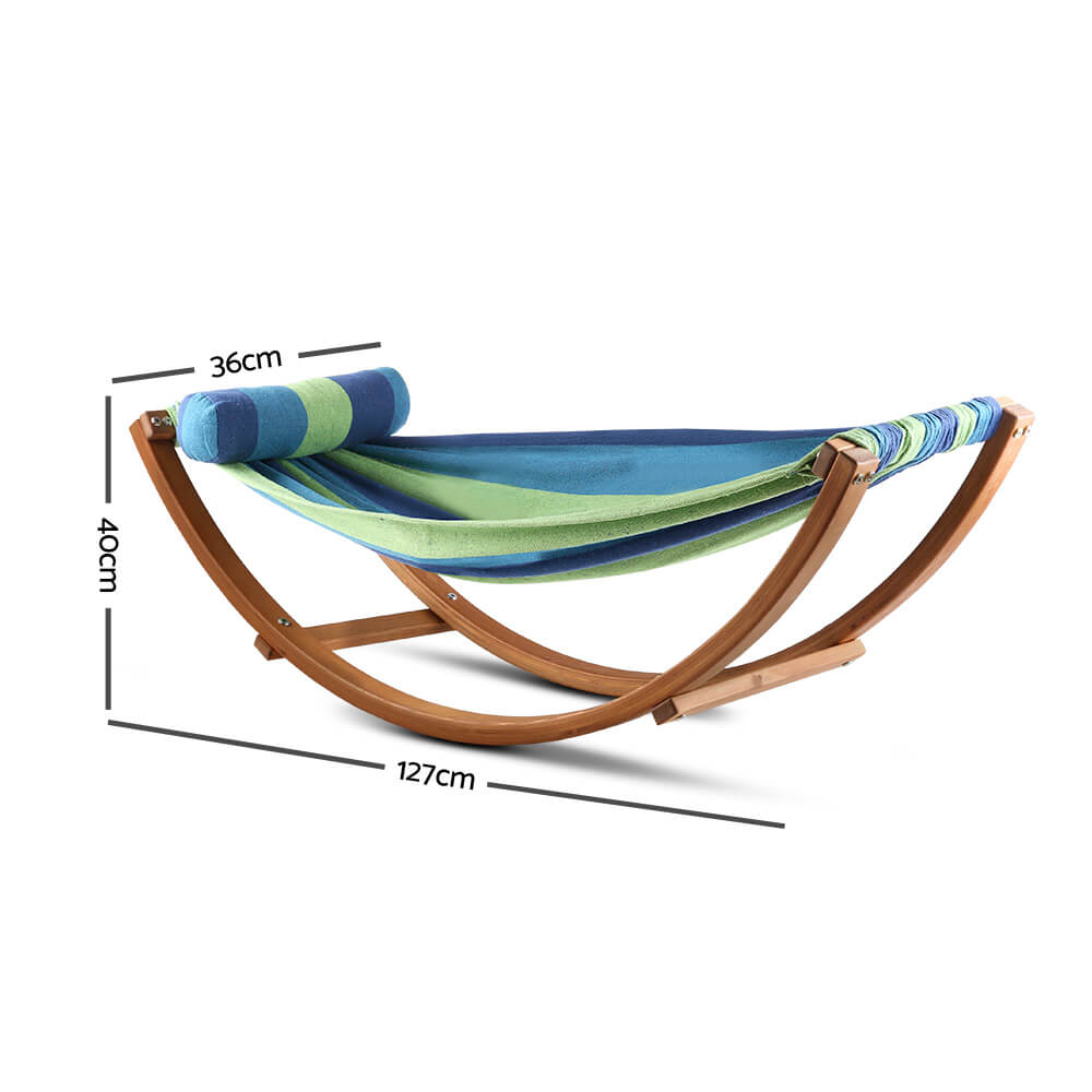 Kids Freestanding Hammock Combo that can be used inside or outside. Banana shaped with bars on each end to help stop over rocking.