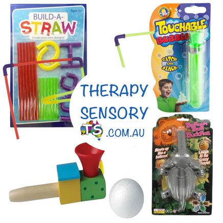Respiratory Kit - Therapy Sensory. Showing a blowing train tool, build a straw, touchabubbles and a balloon ball bubble.