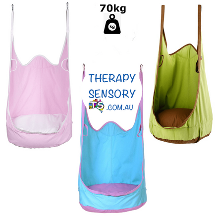 Pod swing chair from TherapySensory.com.au showing a pink, blue and green swing.