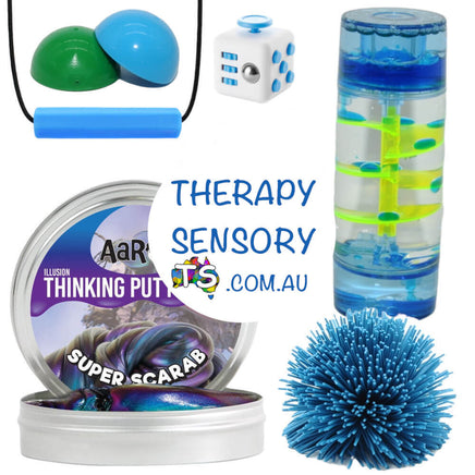 TherapySensory Personal Kit B - in cool colours. Contains 4 inch tin of Crazy Aarons Thinking Putty, Pom Pom ball (rubber), liquid timer, fidget cuber, two pop its and a crypto bite chew necklace.