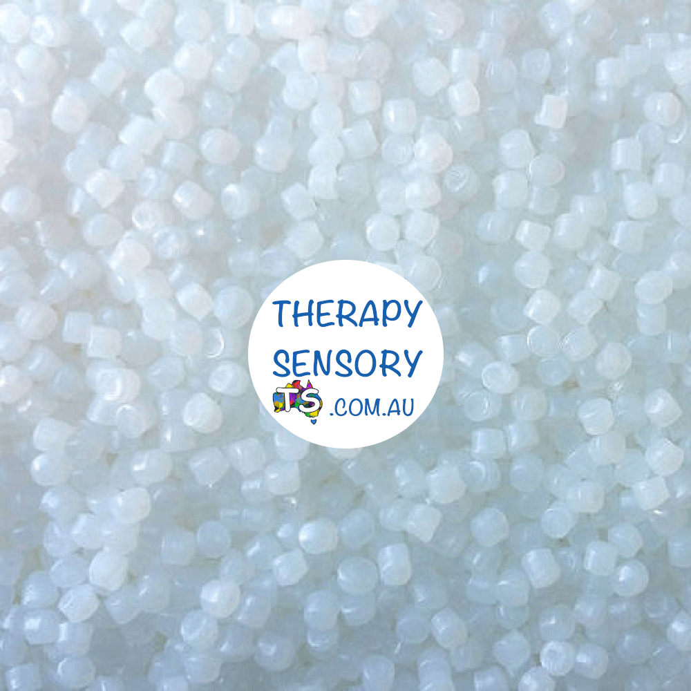 Polly pellets for weighting animals and crafts from TherapySensory.com.au shows a close up of white plastic pellets.