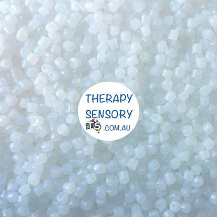 Polly pellets for weighting animals and crafts from TherapySensory.com.au shows a close up of white plastic pellets.