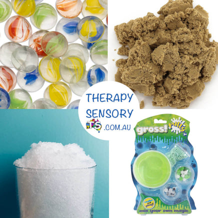Touchy Feely set from TherapySensory.com.au displays a picture of a cup of snow, bunch of marbles, kinetic sand and package of slime.