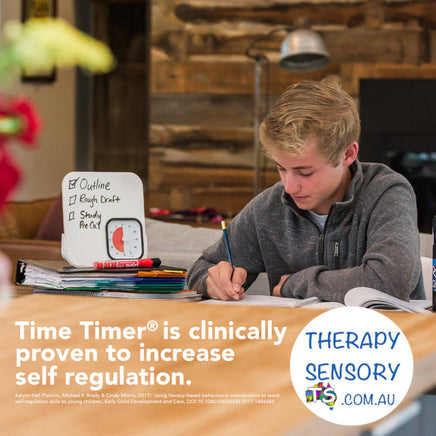 Time Timer MOD + Dry Erase Board magnetic from TherapySensory.com.au displays a teenager at a table studying.