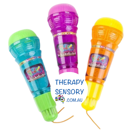 Flashing echo microphone from TherapySensory.com.au displays a orange, pink and green microphone that flashes.